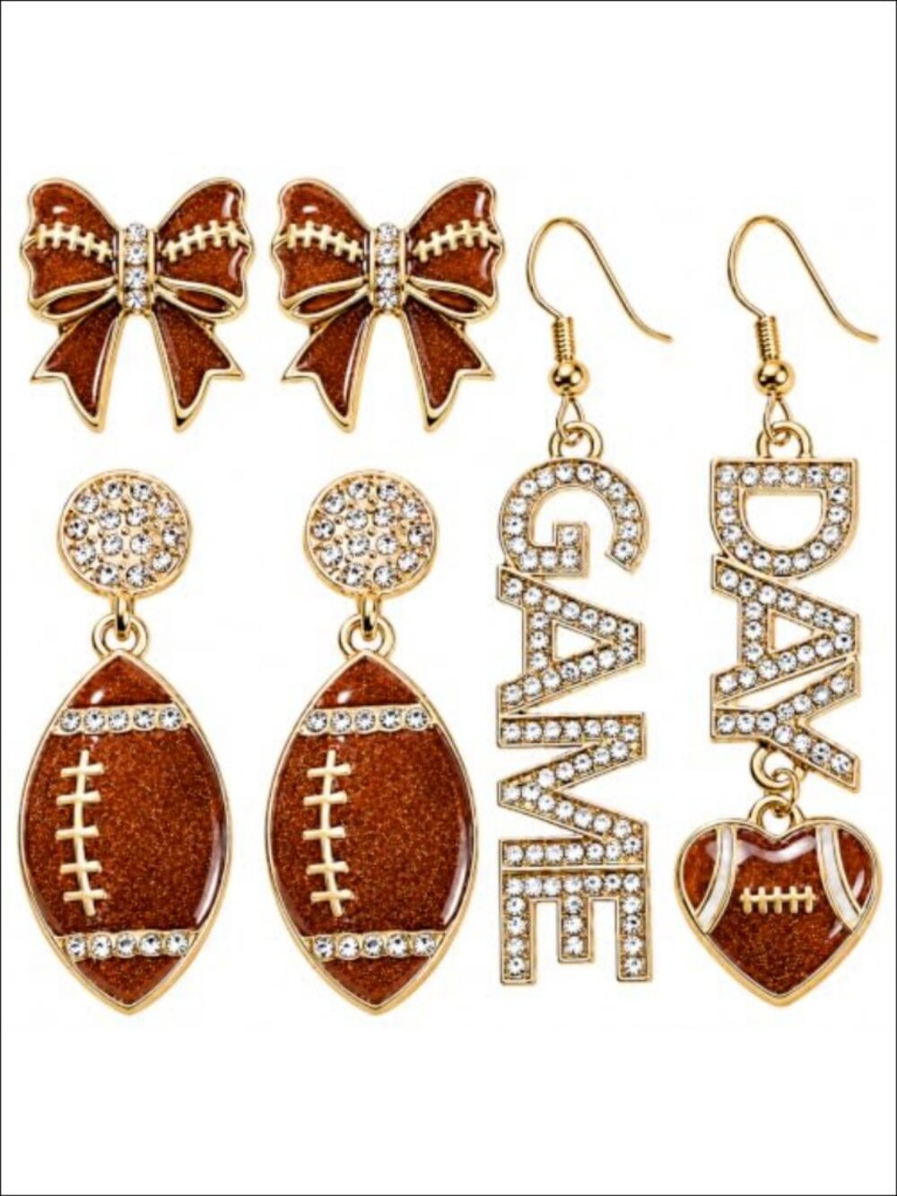 Football Dangle Earrings Stainless Steel Rhinestone Bow Game Day Jewelry